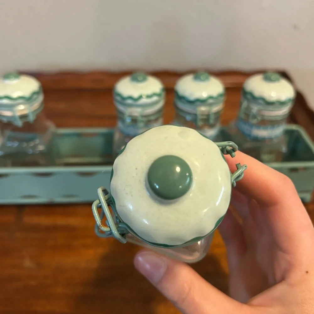 Vintage Aqua Ceramic-Top Spice Jar Set with Carrier
